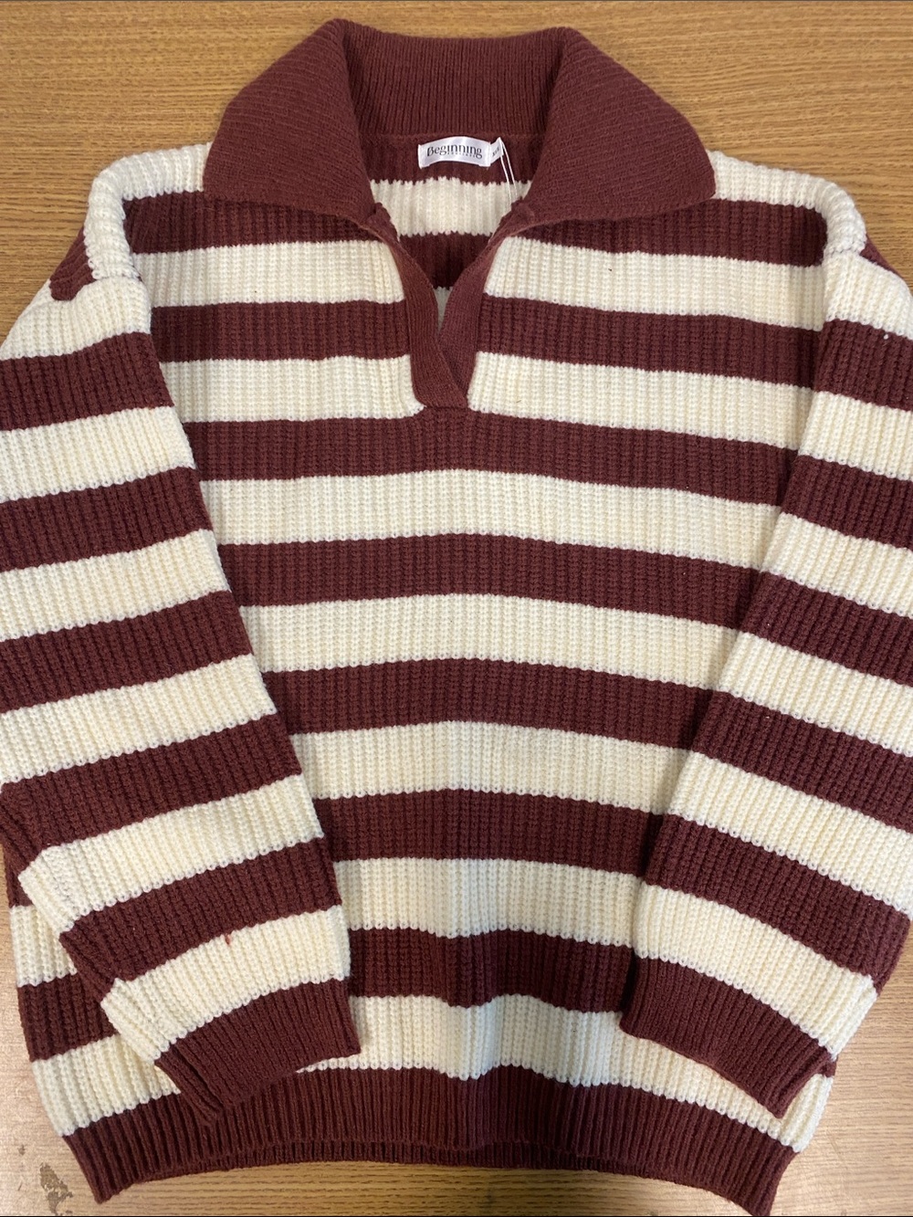 Women’s  Burgundy and Cream Striped Knit Oversized Sweater